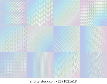 Patrones de textura holográfica, lámina de brillo con gradiente arco iris, fondo vectorial. Patrones de gradiente de color neón holográfico con efecto holográfico de brillo de lámina de iridiscente del fondo de la gradación de color