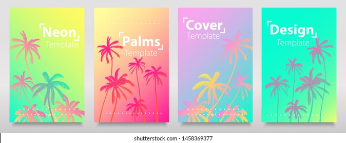 Hologram texture set of iridescent neon palms. Glitch gradiens backgrounds. Exotic bright neon colours design. Art light flyer, trend cards.