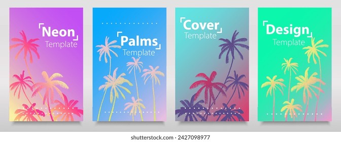 Hologram texture set of iridescent neon palms. Glitch gradiens backgrounds. Futuristic bright neon colours design. Art light flyer, trend cards.