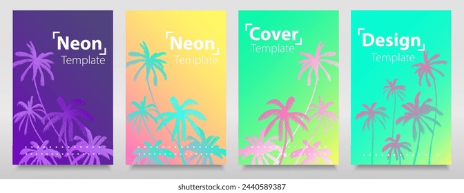 Hologram texture set of iridescent neon palms. Glitch gradiens backgrounds. Floral bright neon colours design. Art light flyer, trend cards.