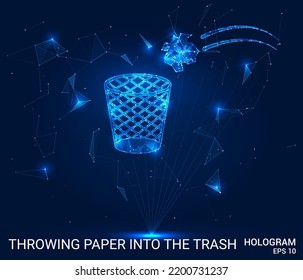 Holograma tirando papel en la basura. Un cubo de basura de polígonos, triángulos de puntos y líneas. Arrojando papel en la basura de baja estructura de compuestos de poli. Vector de concepto de tecnología.