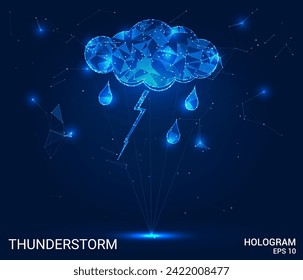 A hologram of a thunderstorm. A thunderstorm of polygons, triangles of dots and lines. Thunderstorm is a low-poly compound structure. Technology concept vector.