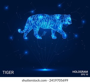 A hologram of a tiger. A tiger made of polygons, triangles of dots and lines. Tiger is a low-poly compound structure. Technology concept vector.