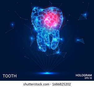A hologram of a tooth. A tooth made up of polygons, triangles, points, and lines. Dentistry low-poly compound structure. The technology concept.