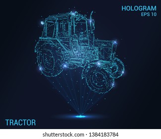 Hologram tractor. A holographic projection of the tractor. Flickering energy flux of particles. The scientific design of the tractor