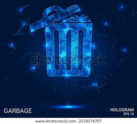 A hologram of a trash can. Garbage made of polygons, triangles of dots and lines. Garbage is a low-poly compound structure. Technology concept vector.