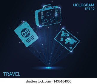 El holograma para viajar. Pasaporte de proyección holográfica, maleta, mapa. Flujo de energía parpadeante de partículas. Turismo de diseño científico.