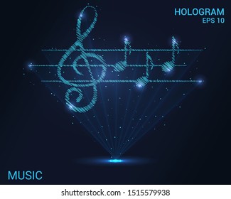 Hologram treble clef. Holographic projection music and notes. Flickering energy flux of particles. Scientific music design.