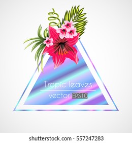 Hologram triangle trendy and flowers isolated on white background