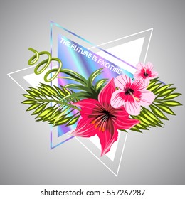 Hologram triangle trendy and flowers isolated on gray background