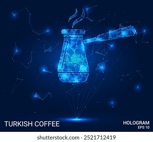 Holograma de café turco. Café turco feito de polígonos, triângulos, pontos e linhas. Estrutura de café turca de baixo-poli de conexões. Vetor de conceito de tecnologia.