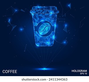 Hologram Vector Illustration Poly-Mesh Coffee Cup. A coffee cup design melds holographic elements with a vector illustration, epitomizing futuristic charm.