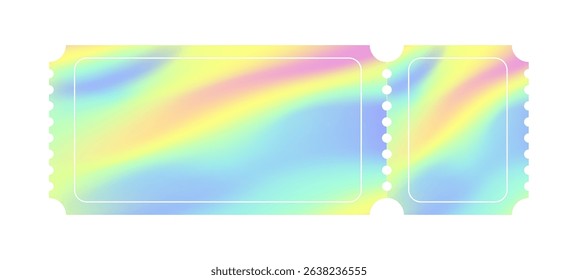 Hologram Vector Ticket Coupon Sticker Template. Holographic Gradient Voucher Illustration Mockup. Blank y2k Festival Pass Frame Tag. Travel Trip and Party Concert Admission Neon Layout. Isolated