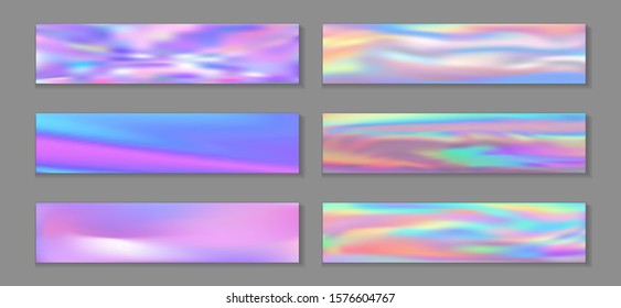 Hologram vibrant flyer horizontal fluid gradient princess backgrounds vector set. Opalescence hologram texture gradients. Fluid graphic design abstract princess backgrounds.