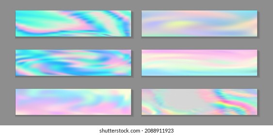 Hologram vivid flyer horizontal fluid gradient mermaid backgrounds vector collection. Silk holography texture gradients. Fluid graphic design minimal mermaid backgrounds.