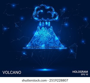 Volcán holograma. Volcán hecho de polígonos, triángulos, puntos y líneas. Estructura de conexiones de volcán de bajo poli. Vector de concepto de Tecnología.