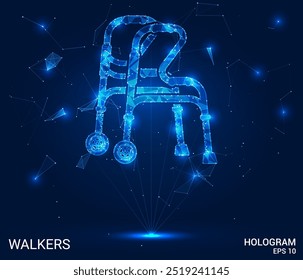 Hologramas. Caminantes hechos de polígonos, triángulos, puntos y líneas. Estructura de conexiones de andadores de bajo poli. Vector de concepto de Tecnología.