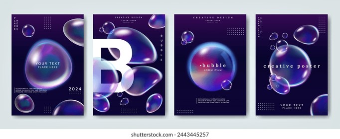 Hologram water drop. Holographic iridescent, pattern design neon, template abstract foil, 90s flyer, futuristic gradient, effect light. Soap bubbles flying. Vertical banners collection. Vector cover