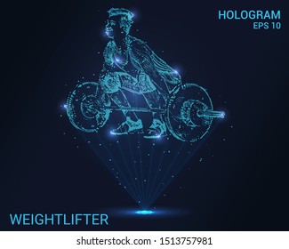 Hologram weightlifter. Holographic projection weightlifter. Flickering energy flux of particles. The scientific design of the sport.