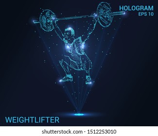 Hologram weightlifter. A holographic projection of power sports. Flickering energy flux of particles. Scientific registration of sports.