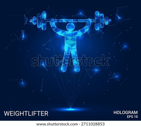 Hologram weightlifter. The weightlifter is made of polygons, triangles, dots and lines. The figure is a low poly connection structure. Technology, concept, vector. Weightlifter poses on blue stage.