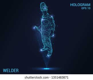 Hologram welder. Digital and technological welder background. Futuristic welding design