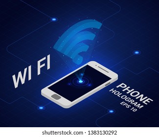 Hologram Wi-Fi. Phone in isometric view. Hologram of Wi-Fi in isometry. Phone Wi Fi banner