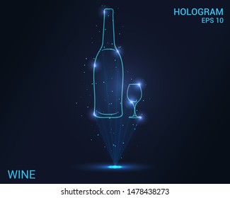 Hologram wine. A holographic projection of the bottle and the glass. Flickering energy flux of particles.