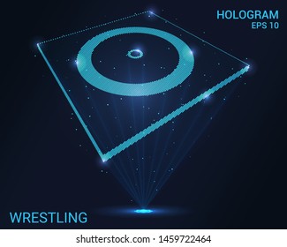 Hologram wrestling. A holographic projection of a classic wrestling. Flickering energy flux of particles. Scientific sports design.