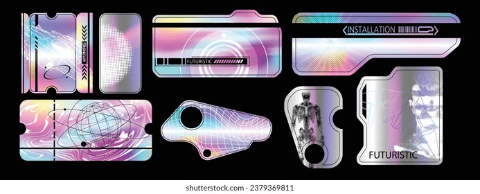 Hologram y2k sticker set, vector holography retro futuristic label kit, neon acid gradient CD tag. Silver shiny foil vintage cyberpunk voucher, 2000’s aesthetic trippy metal pack. Hologram sticker