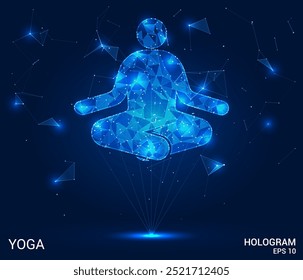 Hologram yoga. Yoga made of polygons, triangles, dots, and lines. Low-poly yoga structure of connections. Technology concept vector.