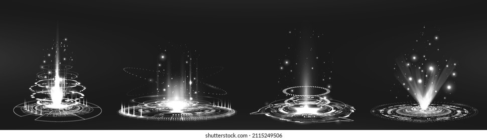 Holograms portals with ray, glow and heat effects. Fantastic circle teleports, podium, level up, magic portal, stage or hologram concept. Black and white Sci-fi technology for UI, game, presentation.