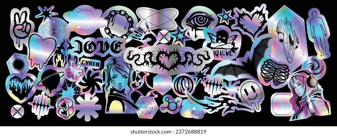 Holograph u2k sticker set, cyber holo icon pack, vector hologram space neon foil retro acid badge. Gothic vintage hearts, hype CD effect tag, anime girls graffiti clipart. Metal holograph sticker