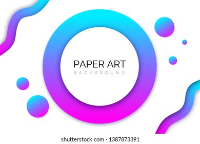 Holographic 3d abstract pink and blue paper cut background with circle, stripes and text on white. Colorful origami design for banners, posters and flyers.