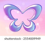 Holographic 3d butterfly shape on pink gradient y2k style background. Spring and summer concept vector illustration.