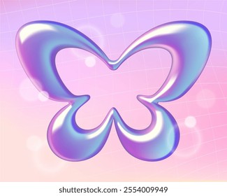 Holographic 3d butterfly shape on pink gradient y2k style background. Spring and summer concept vector illustration.