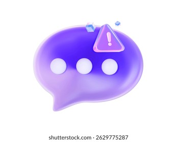 Holographic 3D chat bubble with typing dots and exclamation mark. Symbol of online communication, alerts, notifications, and digital interface.