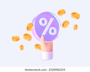 Holographic 3D coin with percentage and gold coins. Vector illustration