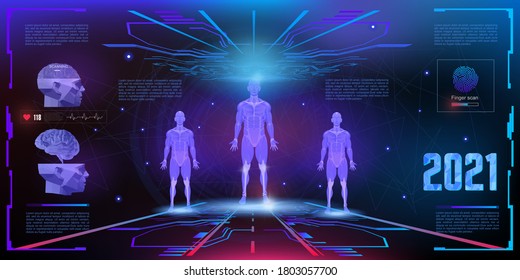 Holographic 3D human projection in 3D space of the HUD user interface. Modern concept banner. Human biometric parameters with virtual medical interface elements set. DNA and bioscanner