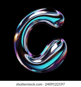 Holographic 3D letter C in Y2K retro futuristic style. Featuring a glossy balloon bubble surface with a metallic reflective effect. Volumetric three-dimensional render, isolated vector illustration