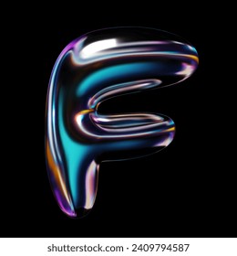 Holographic 3D letter F with rainbow reflective surface. Metallic balloon bubble form with shiny gloss finish. Rendered vector illustration for retro futuristic Y2K style design