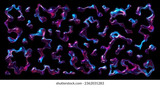 Holographic 3D liquid metal wave forms set in Y2K style. Abstract melted neon shapes suitable for futuristic design. Collection of isolated vector elements