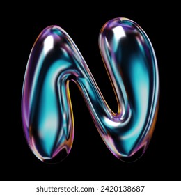 Holográfico 3D N de vidrio líquido o metal con una superficie reflectante brillante y resalta. Estilo Y2K forma de burbuja de globo brillante y elegante, vector representado para el diseño moderno retro futurista de los años 2000