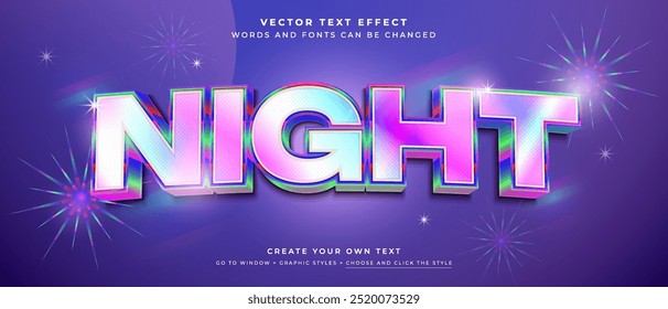 holographic 3d night party text effect on purple background, celebration vector graphic style