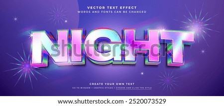 holographic 3d night party text effect on purple background, celebration vector graphic style