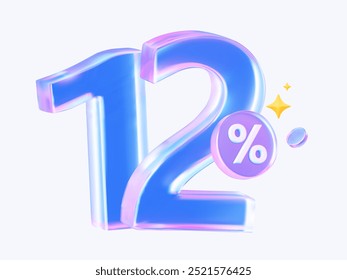 Holographic 3D number 12%. For advertising discounts, promotions, and sales. A concept for banking, financial, and investment projects related to interest rates, stocks, and investments.