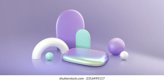 Holographic 3D platform with abstract geometric figures in background. Vector realistic illustration of glossy iridescent sphere, semi-circle, futuristic podium mockup for beauty product demonstration