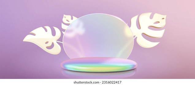 Holographic 3D platform with round glass morphism panel background and golden monstera leaves. Vector realistic illustration of glossy beauty product display, award pedestal mockup with color gradient