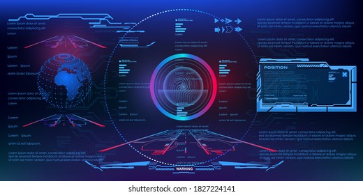 Holographic 3D space. Visualization of a holographic digital panel with HUD, GUI, UI elements. High tech user interface for video games with touch function. Conceptual innovative interface. Vector