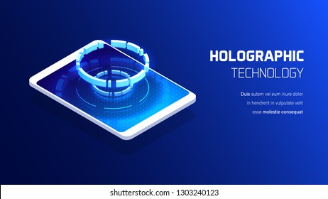 Holographic 3d technology concept, innovative security system, mobile business app, futuristic sci fi isometric illustration 